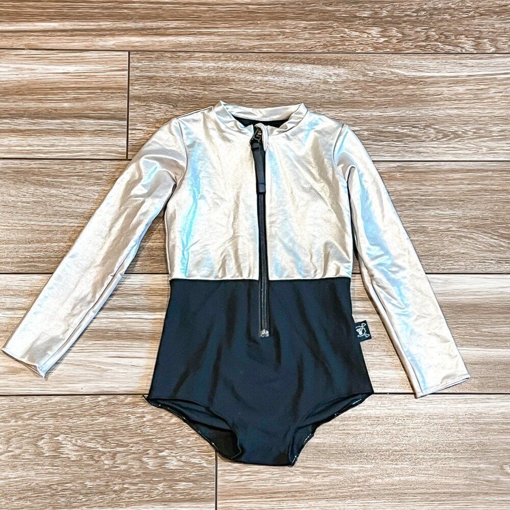 nununu Long Sleeved Metallic Silver and Black Swimsuit Size 3-4Y